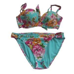 Leilani Floral Bikini Set Turquoise and Pink Push Up Top Vacation Tropical Sz 12